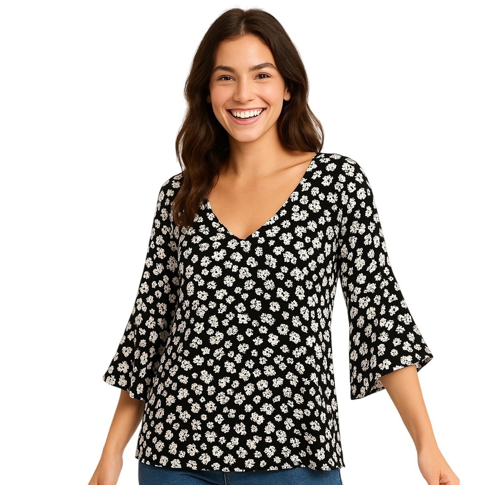 Anne Cole Blouse Top XS Black White Blossom Batik Bell Sleeve Pullover Boho Chic